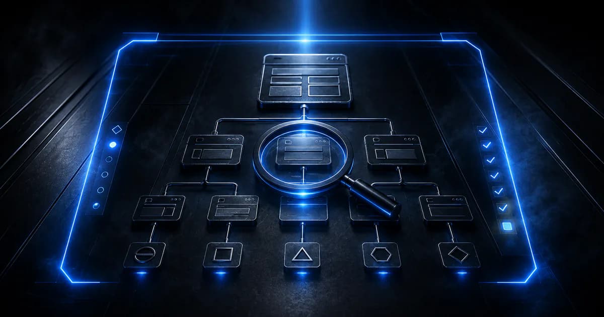 Architecture de site analysée par un scanner SEO et une loupe lumineuse