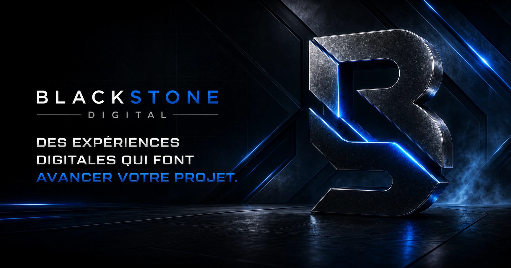 Identité visuelle métallique BlackStone Digital traversée de lignes lumineuses bleues